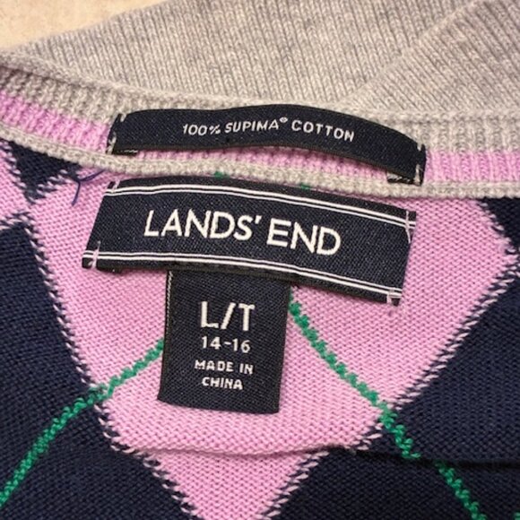 Lands End Women's Tall 100% Supima Cotton Gray Argyle Cardigan Sweater Size LT - Picture 4 of 6